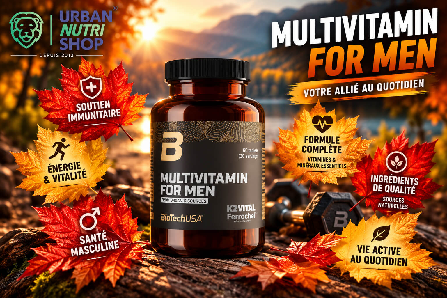 Banniere du des multivitamines organiques de biotech usa pou r les hommes
